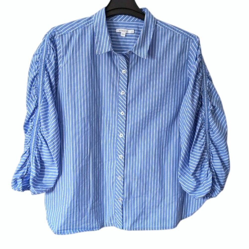 Chico's Blue Striped Button-Up Blouse Ruched Blouson-style Sleeves Sz 4(20 /XXL)